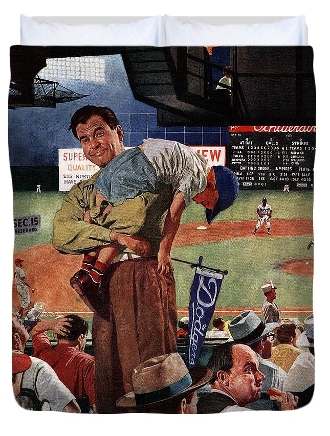 Baseball Duvet Cover featuring the drawing Sleepy Inning by Earl Mayan