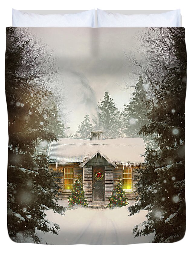  Amazing Duvet Cover featuring the photograph Small cabin in a snow covered forest by Sandra Cunningham