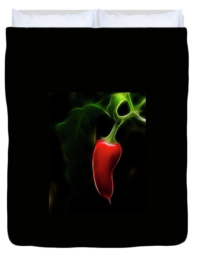 Black Background Duvet Cover featuring the photograph Small Red Chilli Art by Gareth Hudson