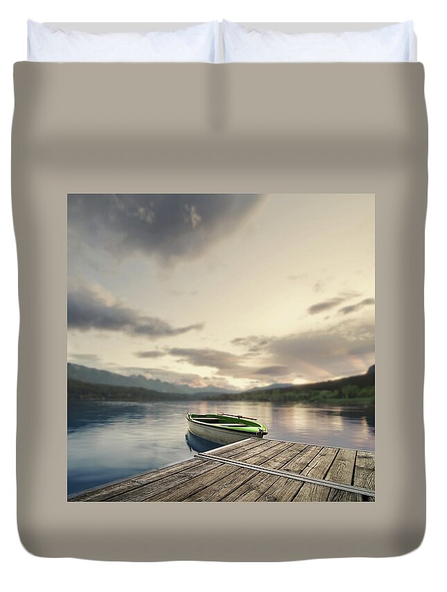 Scenics Duvet Cover featuring the photograph Small Rowing Boat At Footbridge by Elisabeth Schmitt