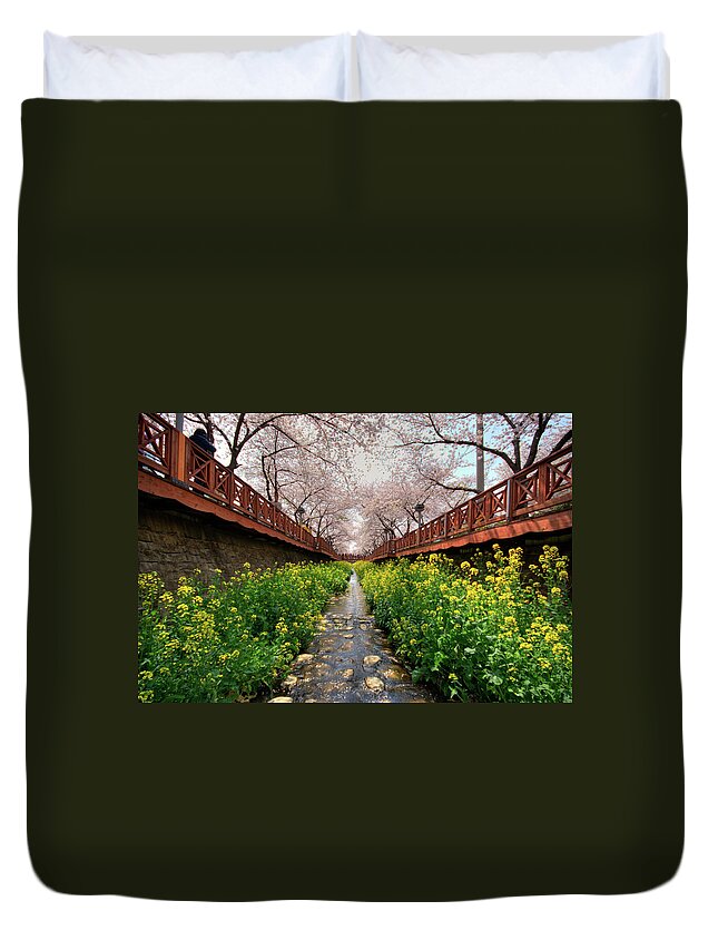 Outdoors Duvet Cover featuring the photograph Small Stream At Cherry Blossom Festival by Greg Samborski