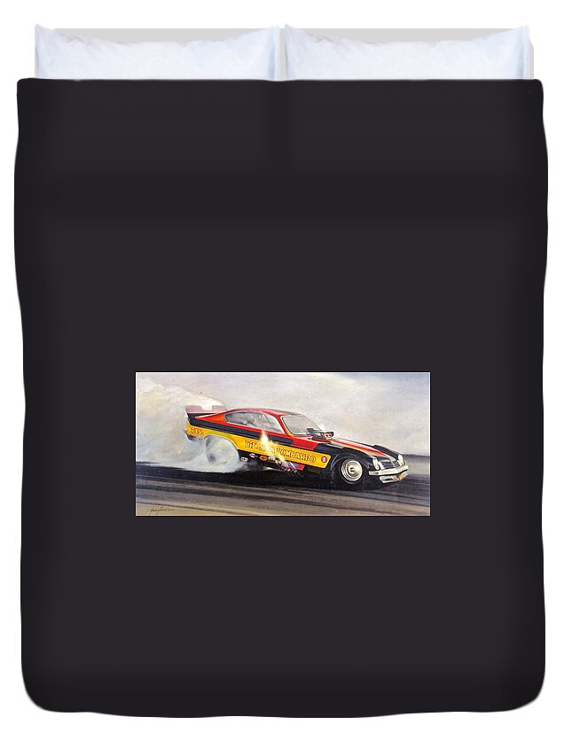 Kenny Youngblood Funny Car Nostalgia Drag Racing John Lombardo Nhra Duvet Cover featuring the painting Smoked In by Kenny Youngblood