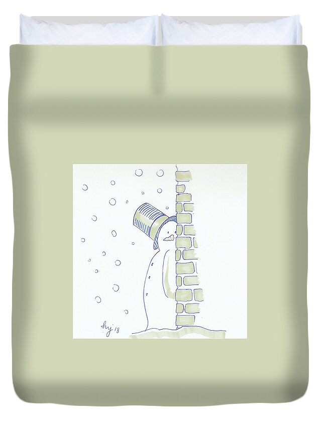  Duvet Cover featuring the drawing Sneaky Snowman Christmas Cartoon by Mike Jory