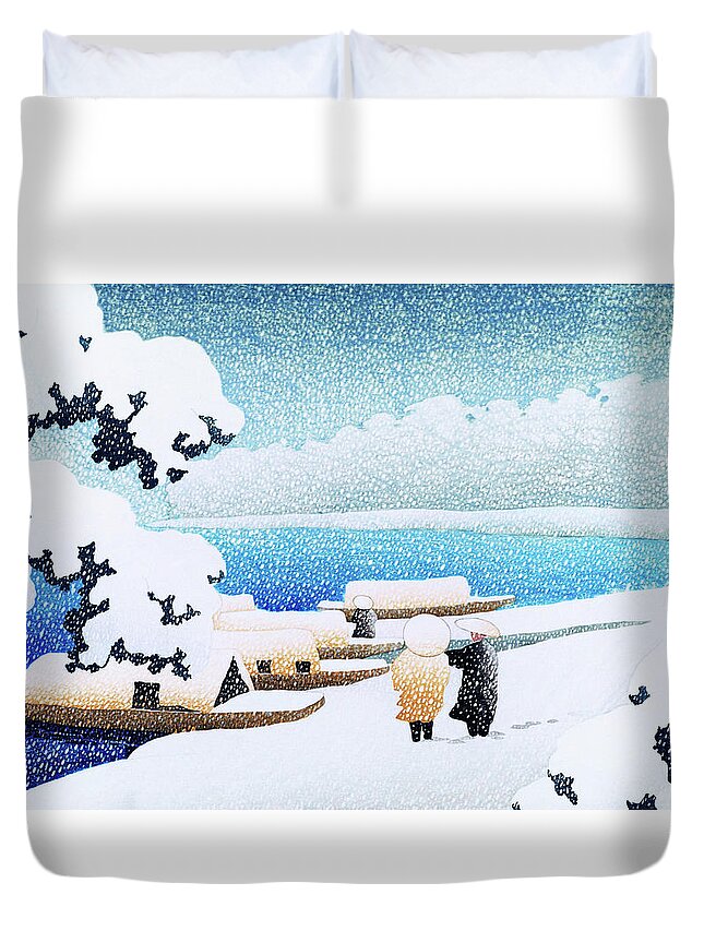 Kawase Hasui Duvet Cover featuring the painting Snow Bridge, The series Souvenirs of Travel II - Digital Remastered Edition by Kawase Hasui