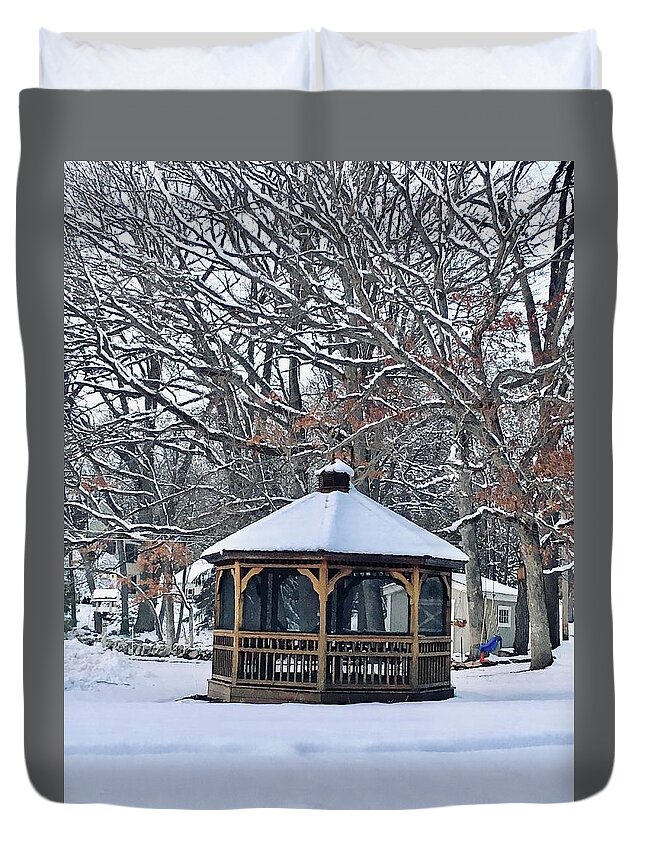 Landscape Duvet Cover featuring the photograph Snow-Covered Gazebo and Trees by Lisa Pearlman
