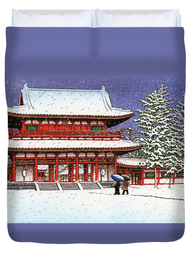 Kawase Hasui Duvet Cover featuring the painting Snow in the Heianjingu Shrine - Digital Remastered Edition by Kawase Hasui
