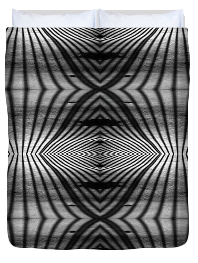 Abstract Mirrored Geometry B&w Black And White Snow Patterns Shapes Modern Vertical Horizontal Duvet Cover featuring the photograph Snow Shadows - Abstract mirrored shadow pattern cast by deck railing on fresh snow at night by Peter Herman