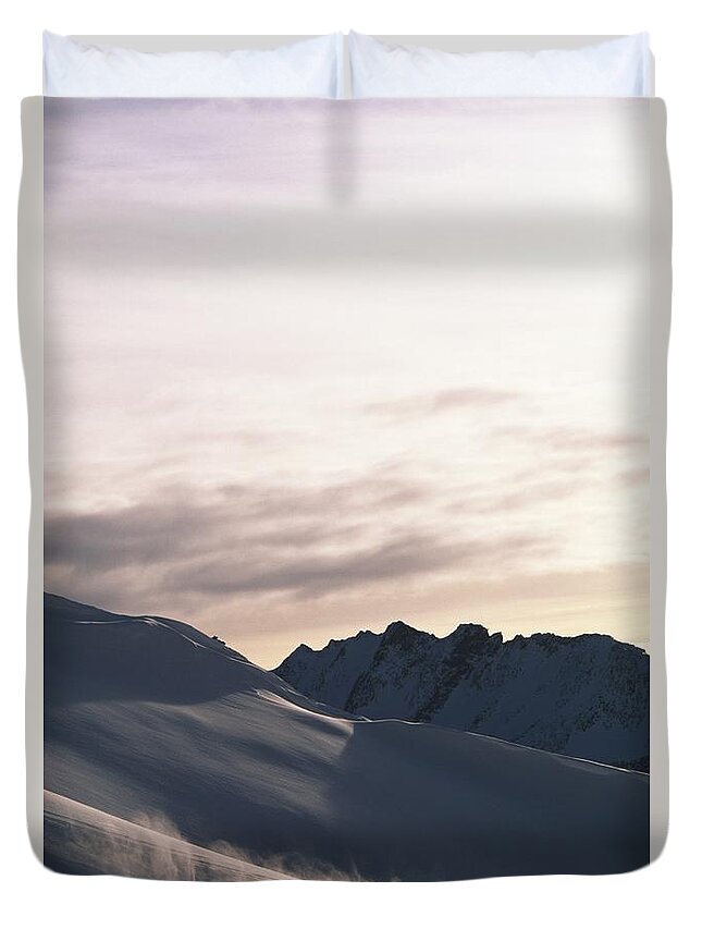 Snow Duvet Cover featuring the photograph Snowboarder On Mountain Snowboarding by Rubberball/adam Clark