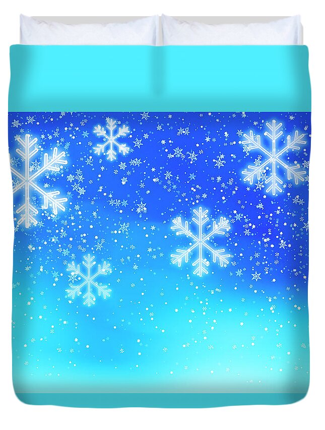 Backgrounds Duvet Cover featuring the photograph Snowflakes On Blue Background, Studio by Tetra Images