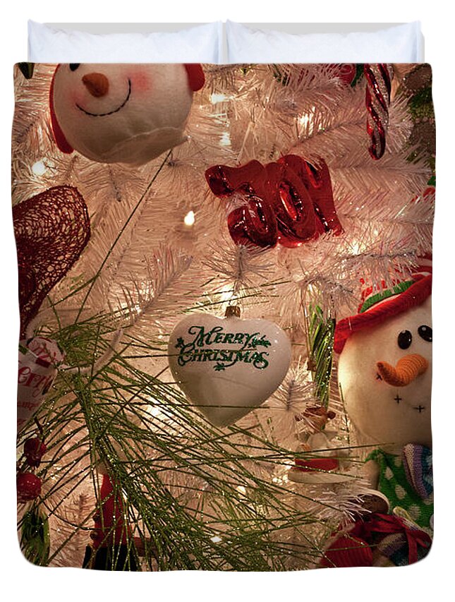 Snowman Duvet Cover featuring the photograph Snowman Christmas Tree by Joann Copeland-Paul