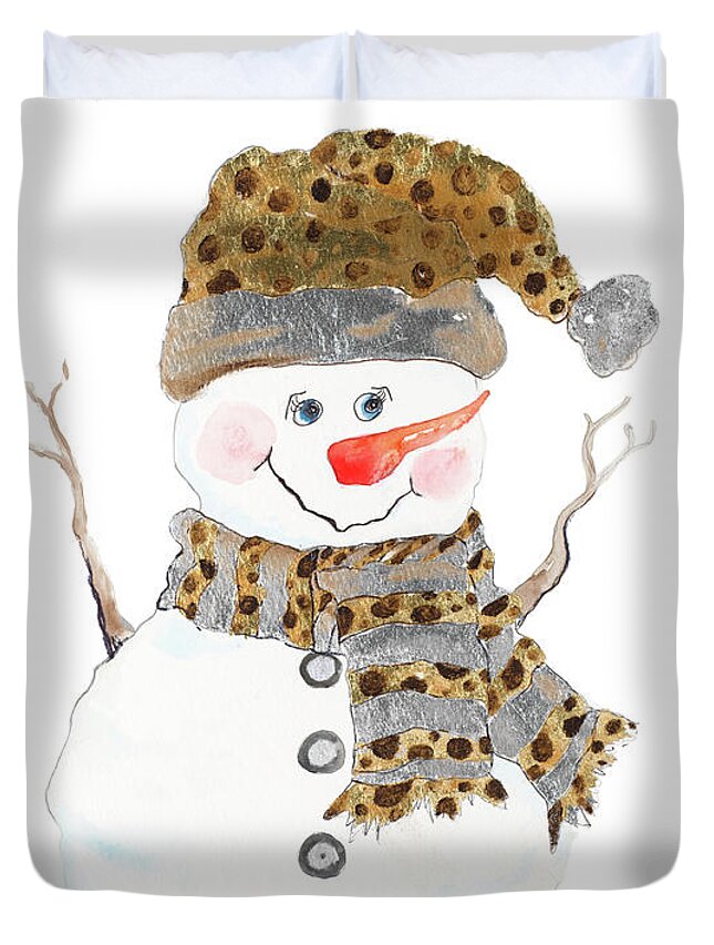 Snowman Duvet Cover featuring the painting Snowman With Dots by Patricia Pinto
