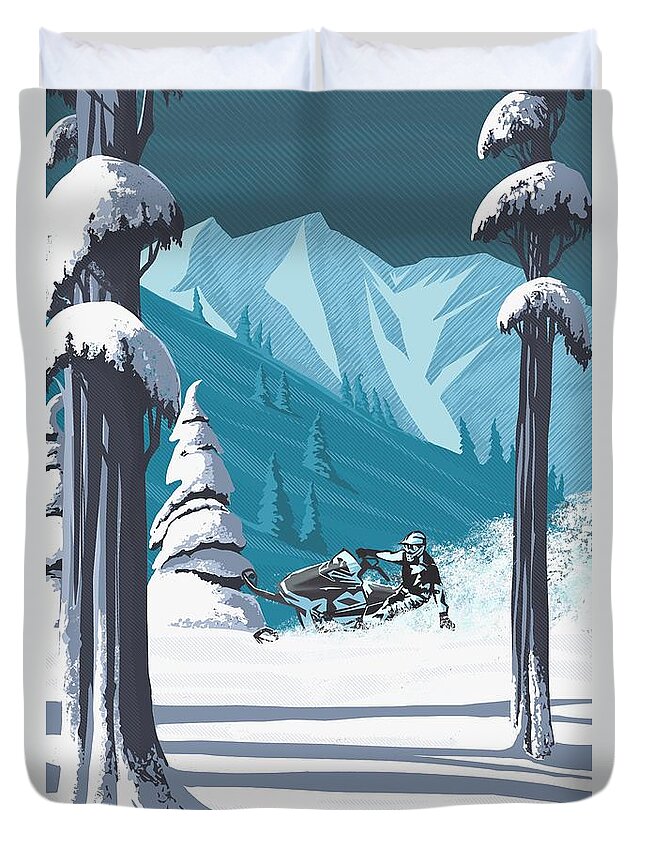 Travel Poster Duvet Cover featuring the digital art Snowmobile Landscape by Sassan Filsoof