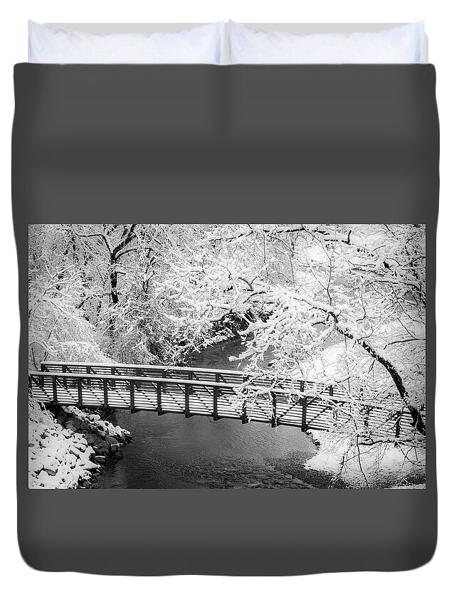 Johnson County Duvet Cover featuring the photograph Snowy Bridge On Mill Creek by Jeff Phillippi