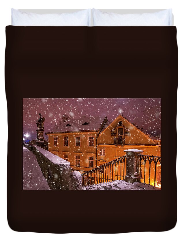 Jenny Rainbow Fine Art Photography Duvet Cover featuring the photograph Snowy Prague. House with St. Mary Painting by Jenny Rainbow