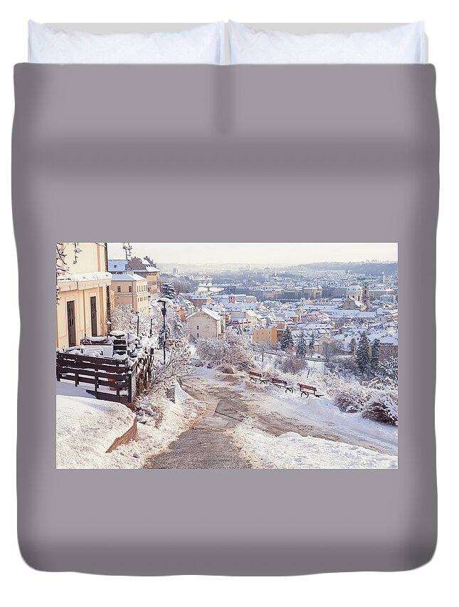 Jenny Rainbow Fine Art Photography Duvet Cover featuring the photograph Snowy Prague. Lesser Town Panorama by Jenny Rainbow
