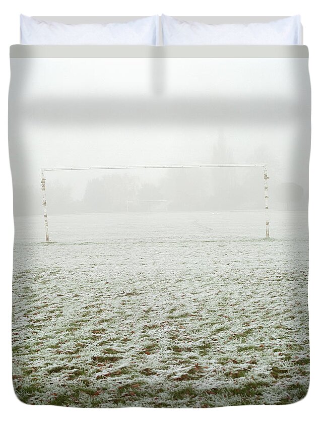 Tranquility Duvet Cover featuring the photograph Soccer Goal In Frosty Field by Laurie Castelli