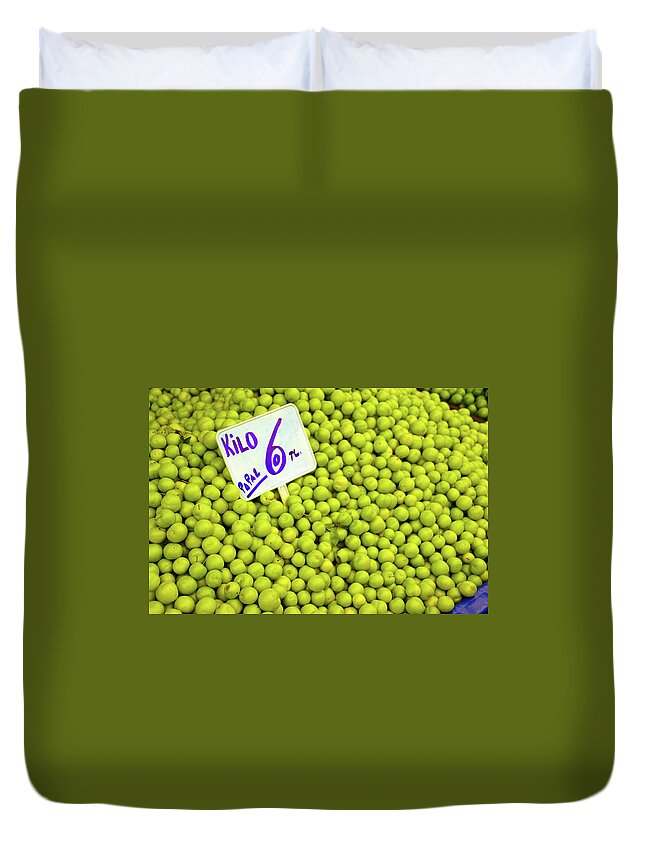 Canakkale Duvet Cover featuring the photograph Sour green plums in the central market by Steve Estvanik