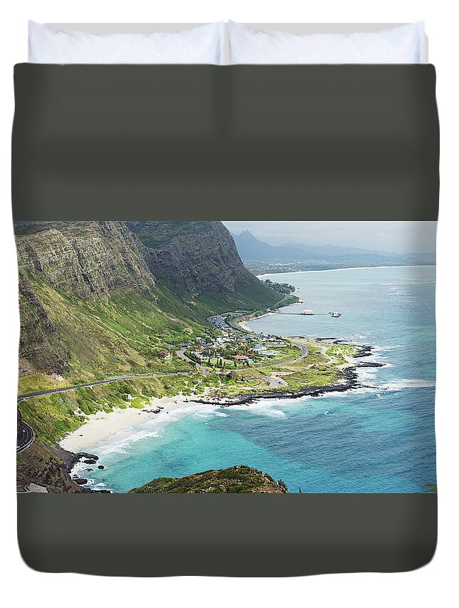 Water's Edge Duvet Cover featuring the photograph Southeast Oahu Coast From Above Panorama by Picturelake