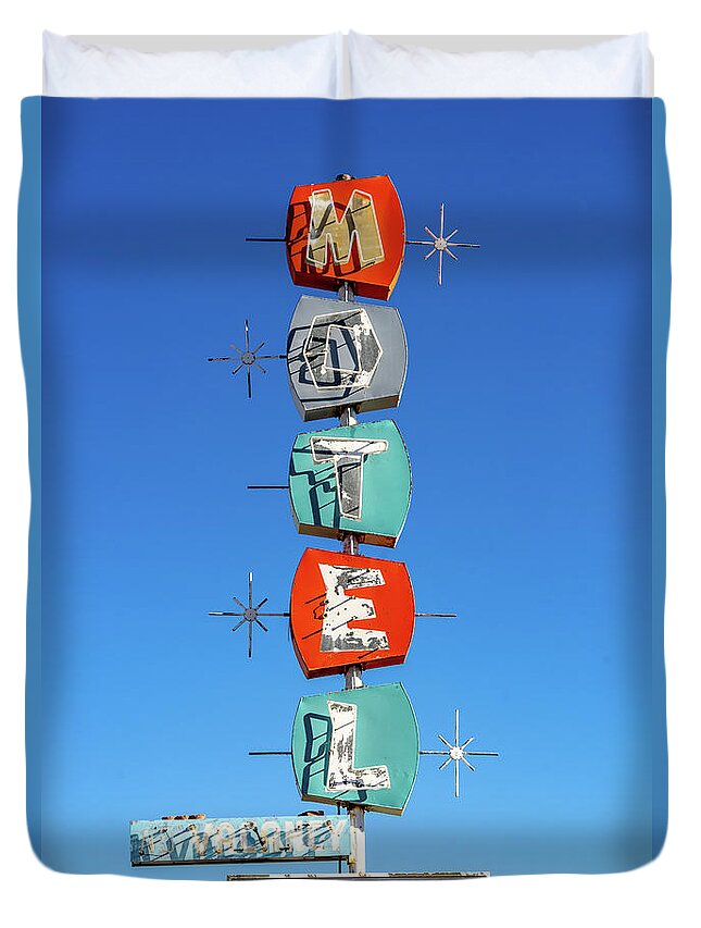 Neon Duvet Cover featuring the photograph Space-age Neon Motel Sign by Daniel Woodrum