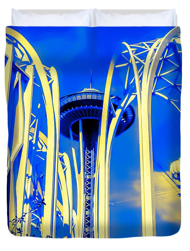 Space Needle Duvet Cover featuring the photograph Space Needle Blue and Yellow by Cathy Anderson