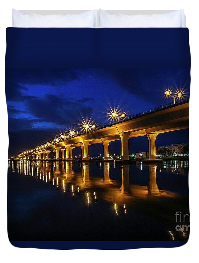 Bridge Duvet Cover featuring the photograph Sparkling Bridge Lights by Tom Claud