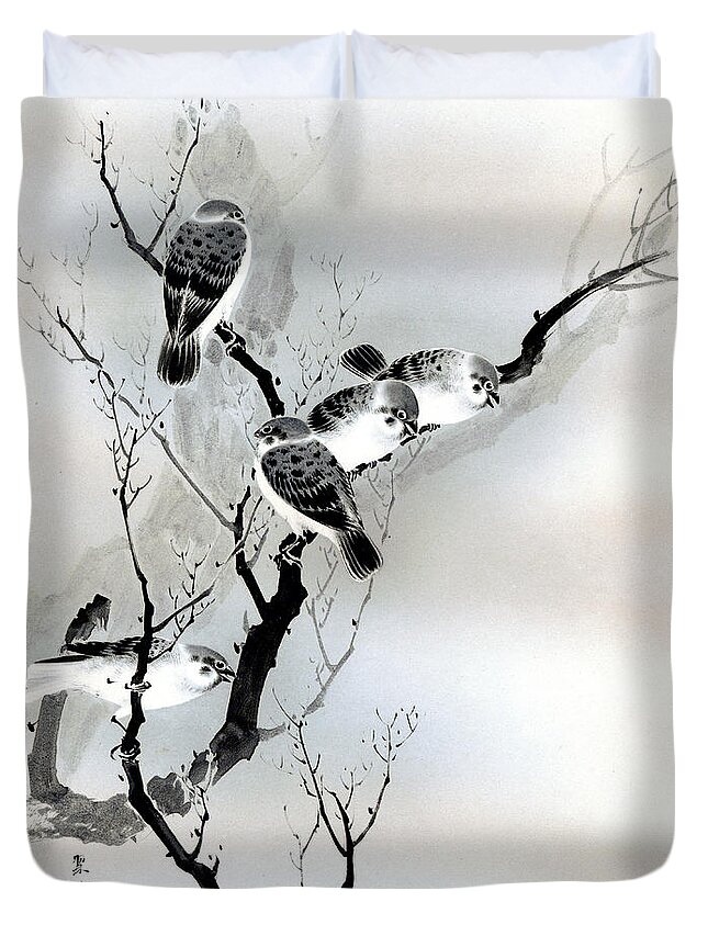 Sparrow Duvet Cover featuring the painting Sparrows by Puri-sen