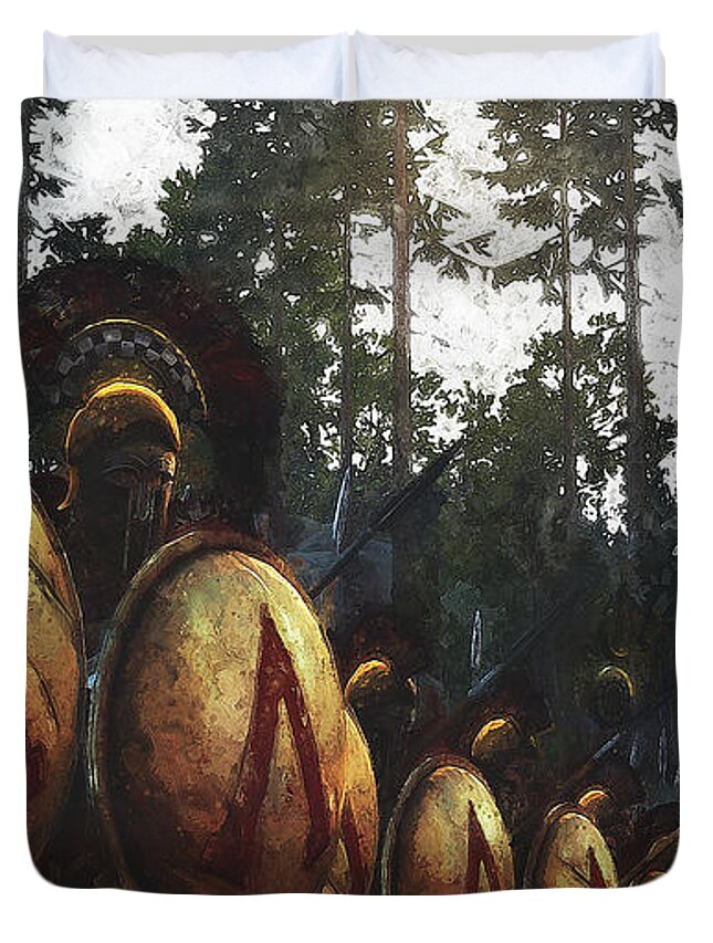 Spartan Warrior Duvet Cover featuring the painting Spartan Army at War - 37 by AM FineArtPrints