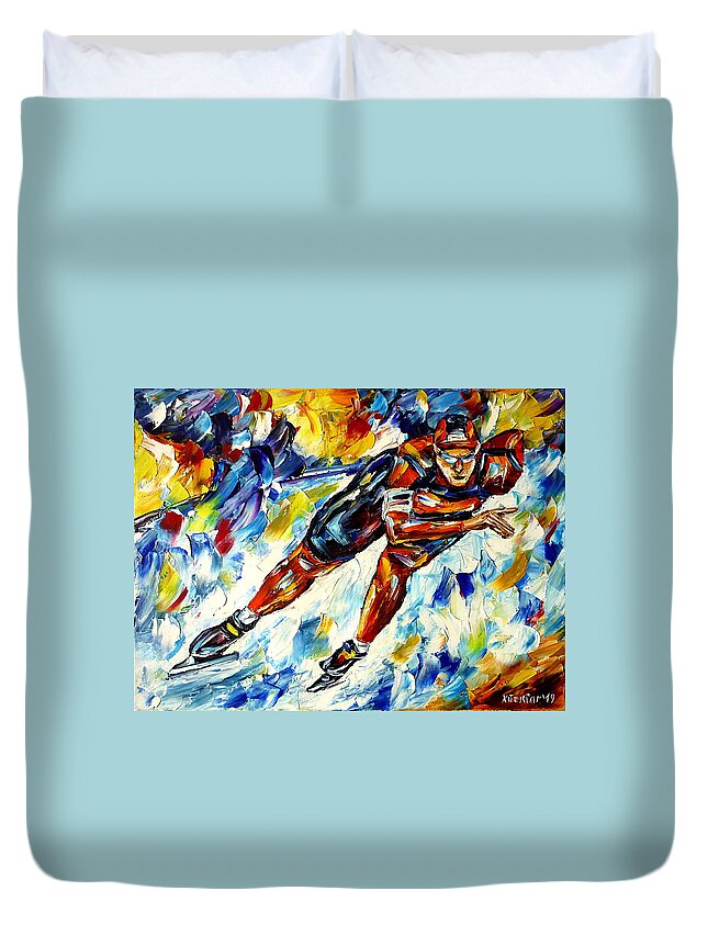 I Love Speed Skating Duvet Cover featuring the painting Speed Skater by Mirek Kuzniar