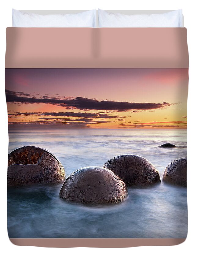 Tranquility Duvet Cover featuring the photograph Spherical Boulders In The Sea At Sunrise by Christopher Chan