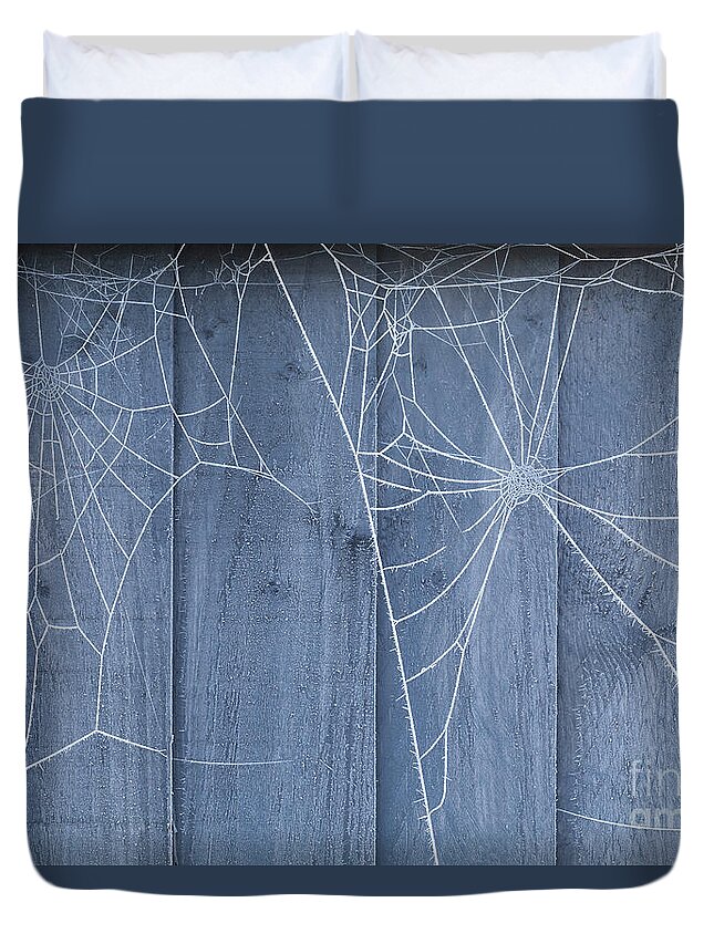 Spider Duvet Cover featuring the photograph Spiders web on fence with winter ice by Simon Bratt