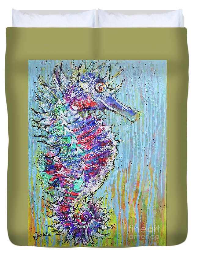 Seahorse Duvet Cover featuring the painting Spiny Seahorse by Jyotika Shroff