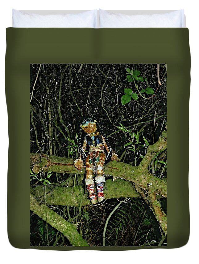 Doll Duvet Cover featuring the photograph Spooky doll in forest by Martin Smith