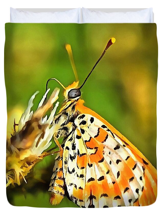 Insect Duvet Cover featuring the painting Spotted Fritillary Orange and White Butterfly by Taiche Acrylic Art
