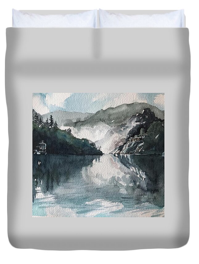 Malibou Lake Duvet Cover featuring the painting Spray over the dam by Luisa Millicent