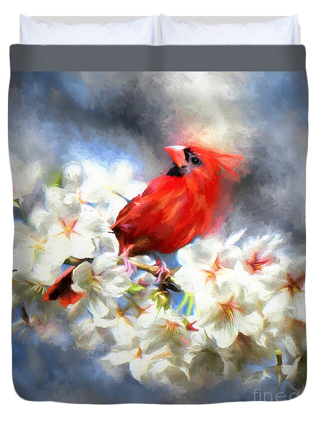 Cardinal Duvet Cover featuring the painting Spring Cardinal by Tina LeCour
