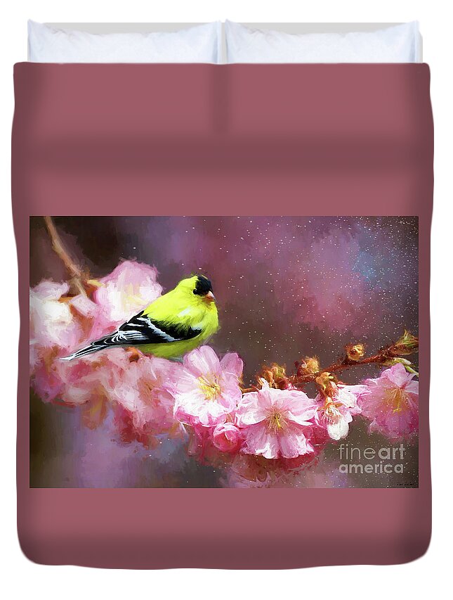 Goldfinch Duvet Cover featuring the painting Spring Goldfinch by Tina LeCour