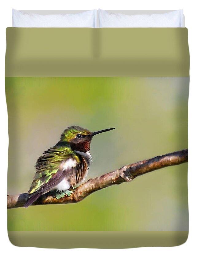 Bird Duvet Cover featuring the mixed media Spring Green Hummingbird by Christina Rollo