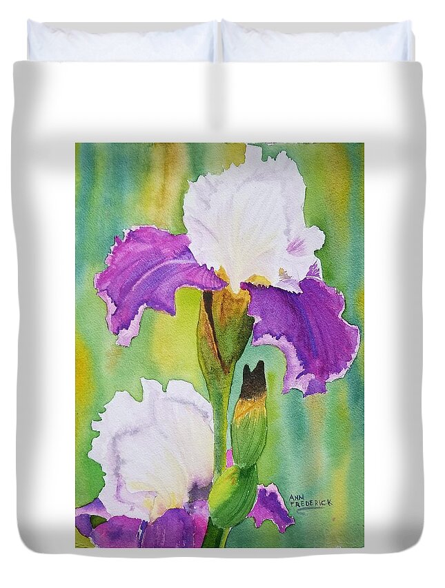 Iris Duvet Cover featuring the painting Spring Iris by Ann Frederick
