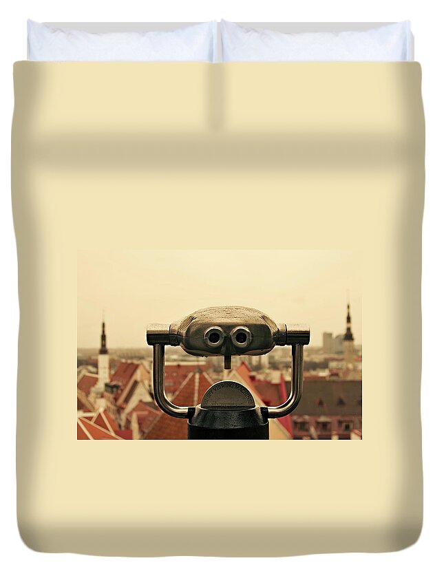 Black Color Duvet Cover featuring the photograph Spy Viewing Machine by Eva Millan Photography