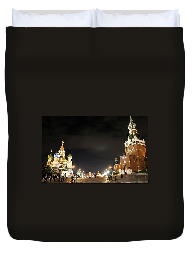 Red Square Duvet Cover featuring the photograph St. Basils & The Kremlin At Moscow - by Trekholidays
