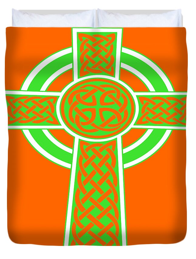 Celtic Cross Duvet Cover featuring the digital art St Patrick's Day Celtic Cross Green and White by Taiche Acrylic Art
