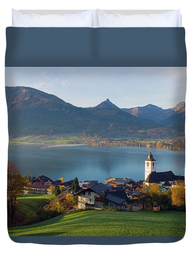 Scenics Duvet Cover featuring the photograph St Wolfgang Lake And Village, Austria by Jean-pierre Pieuchot