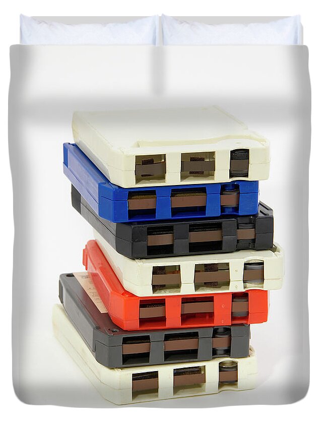 White Background Duvet Cover featuring the photograph Stack Of 8-track Tapes From The by David Mcglynn