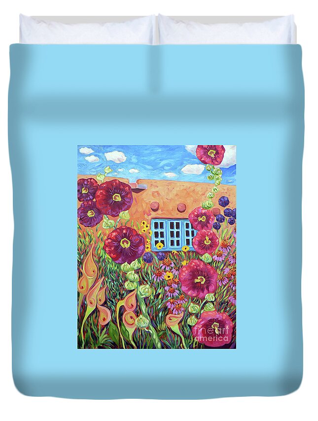 Adobe Duvet Cover featuring the painting Stairway of Hollyhocks by Cathy Carey