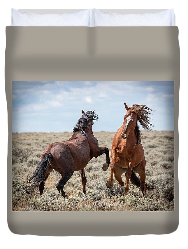 Wild Horses Duvet Cover featuring the photograph Stallion speak by Mary Hone