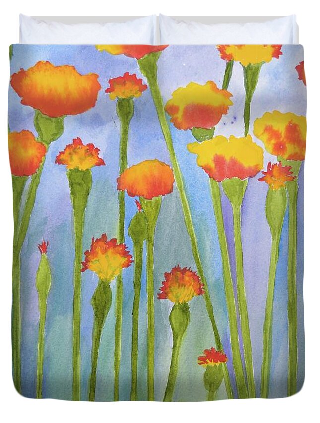 Barrieloustark Duvet Cover featuring the painting Stand Up Marigolds by Barrie Stark