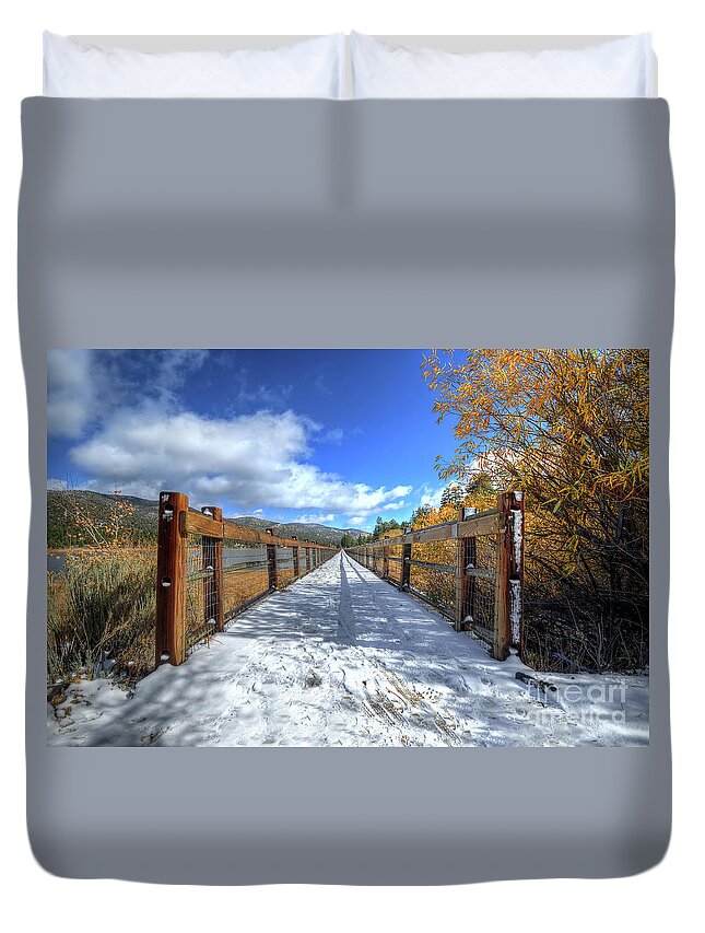 Stanfield; Marsh; Wildlife; Waterfowl; Preserve; Bridge; Wood; Snow; Trees; Bush; Branches; Leaves; Yellow; White; Blue; Sky; Clouds; Nikon; Big Bear; California Duvet Cover featuring the photograph Stanfield Marsh Wildlife and Waterfowl Preserve Bridge by Eddie Yerkish