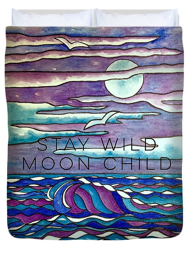Stay Wild Moon Child Original Watercolor On Canvas By Breena Briggeman Beach Ocean Waves Stained Glass Purple Blue White Aqua Blue Nature Seagulls Clouds Moon Beachscape Duvet Cover featuring the painting Stay Wild Moon Child by Breena Briggeman