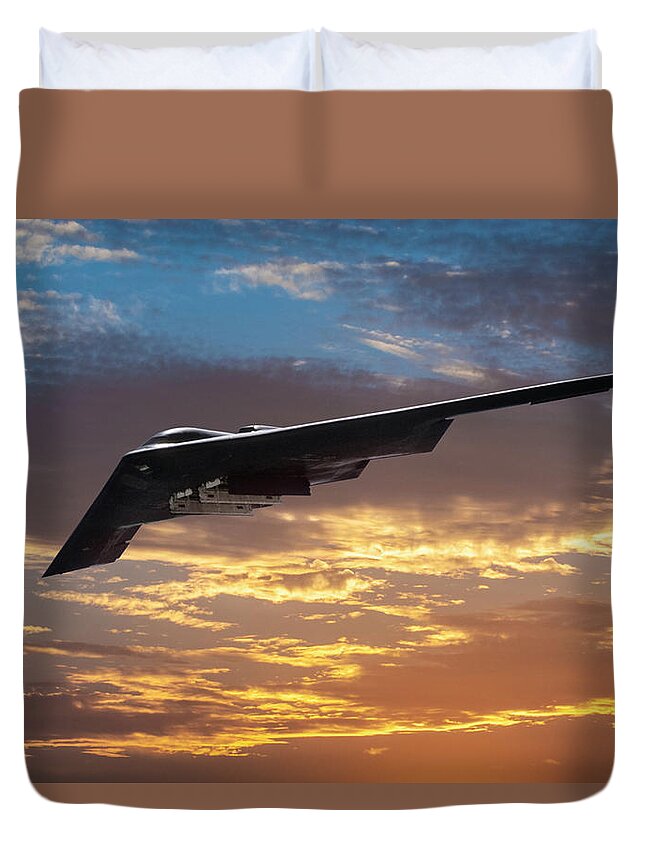 U.s. Air Force B-2 Stealth Bomber Duvet Cover featuring the mixed media Stealth Bomber in Sunset by Erik Simonsen