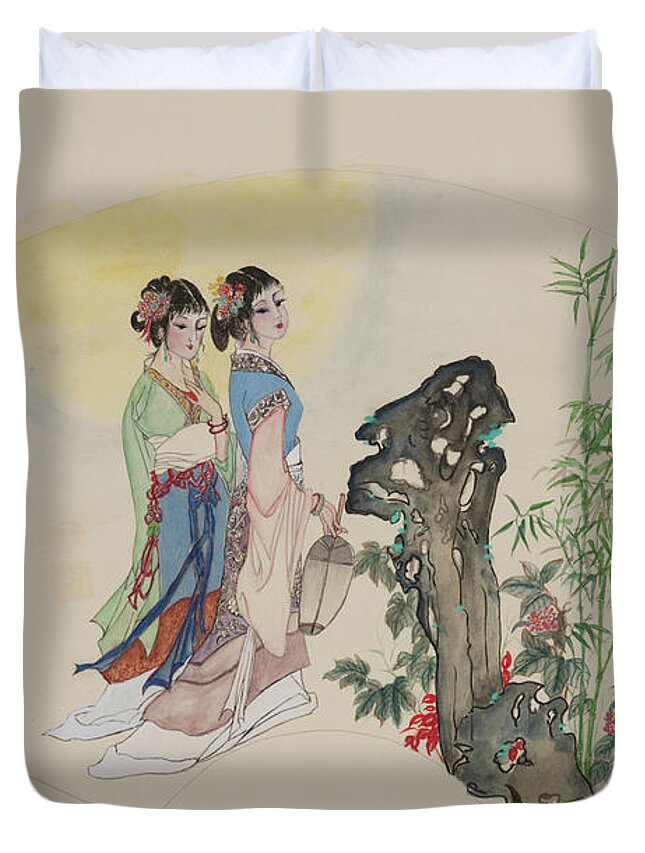 Chinese Watercolor Duvet Cover featuring the painting Ladies in the Garden by Jenny Sanders